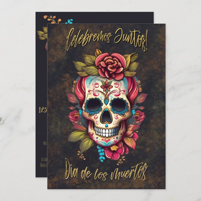 Invitación Calavera de azúcar floral Día de los Muertos Españ (Anverso / Reverso)