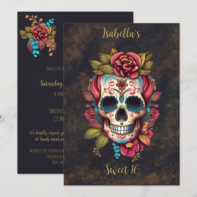 Invitación Calavera de azúcar floral dulce 16 cumpleaños (Anverso / Reverso)