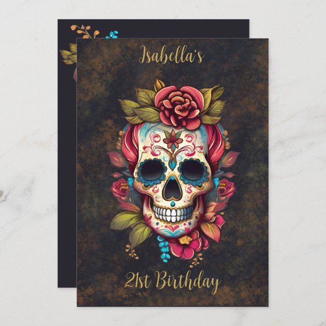 Invitación Calavera de azúcar floral dulce 16 cumpleaños (Anverso / Reverso)