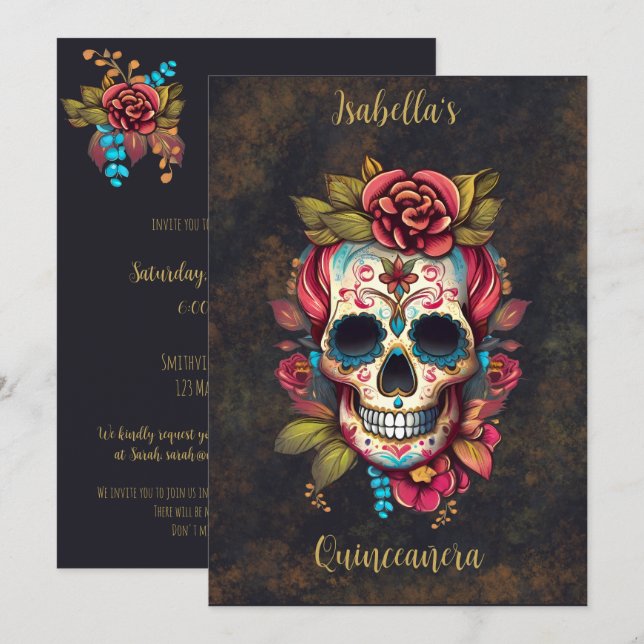 Invitación Calavera de azúcar floral Quinceanera Cumpleaños I (Anverso / Reverso)