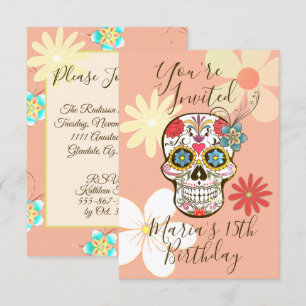 Invitación Calavera de Azúcar Rosa Suave de Melocotón Floral 