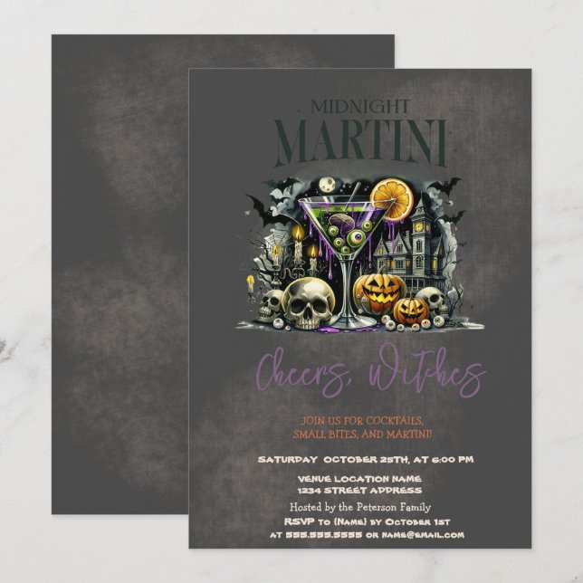 Invitación Calavera de calabaza Martini Halloween oscuro (Anverso / Reverso)