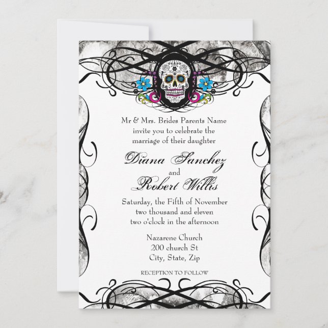 Invitación Calavera de Cavaleras Muerte y flores invitan (Anverso)