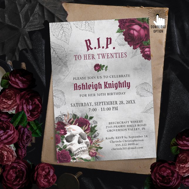 Invitación Calavera de cumpleaños y rosas RIP Década  (Subido por el creador)