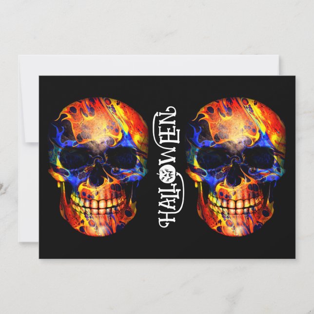 INVITACIÓN CALAVERA DE ESQUELETO COLORIDO FELIZ HALLOWEEN  (Anverso)