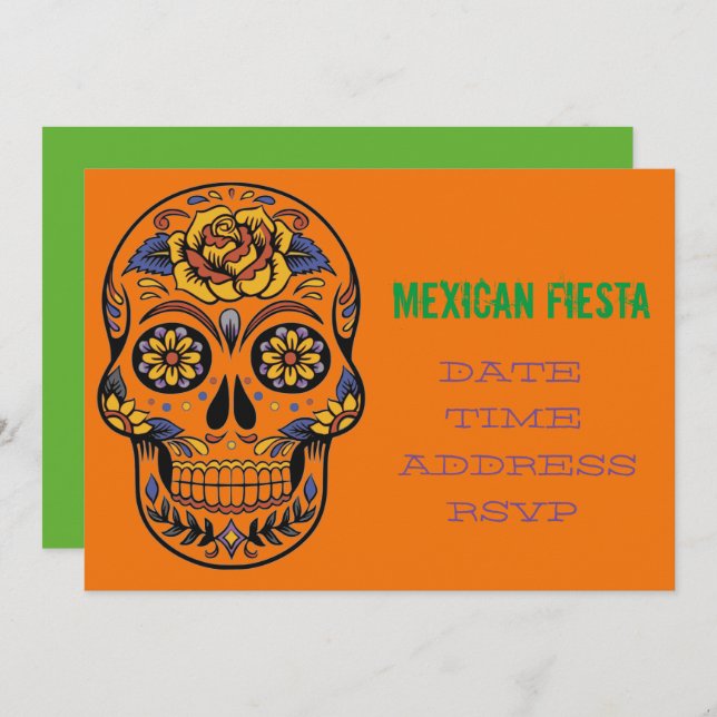 Invitación Calavera de Fiesta, fiesta temática mexicana (Anverso / Reverso)