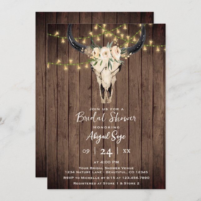 Invitación Calavera de vaca floral de Boho en ducha de novia  (Anverso / Reverso)