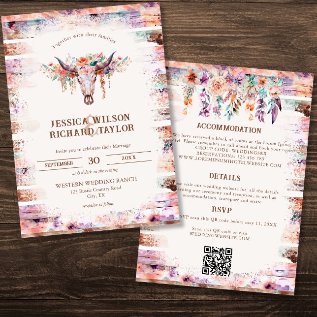 Invitación Calavera de vaca floral de Boho occidental rústico (Subido por el creador)