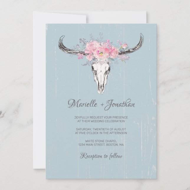 Invitación Calavera de vaca rústica boho blush floral acuarel (Anverso)