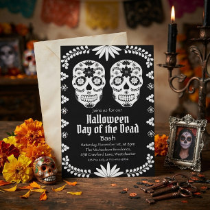 Invitación Calavera en blanco y negro Día de muertos de Hallo