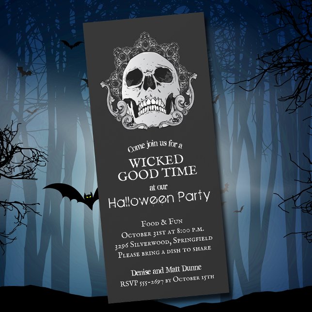 Invitación Calavera en Halloween negro (Skull on Black Halloween Party Invitations)