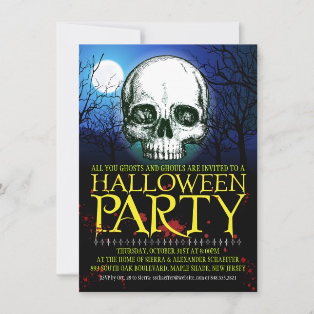 Invitación Calavera en la fiesta de Halloween con la luz de l (Anverso)