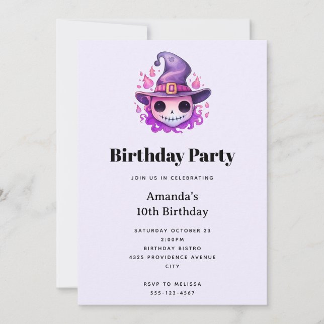 Invitación Calavera en sombrero de bruja Cumpleaños caprichos (Anverso)