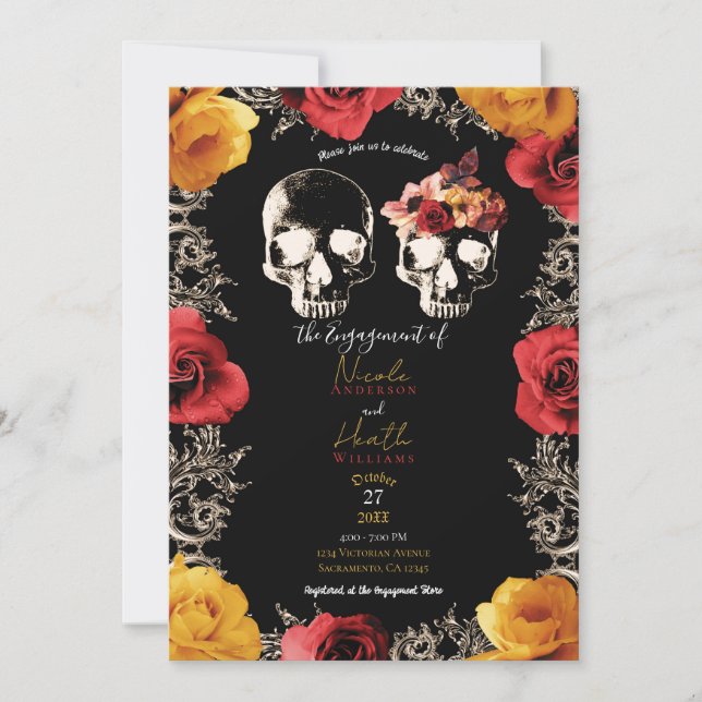 Invitación Calavera Esqueleto Rojo Amarillo Floral Otoño Comp (Anverso)
