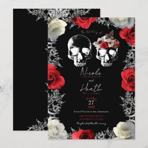 Invitación Calavera Esqueleto Rosas Blancas Rojas Boda Gótica