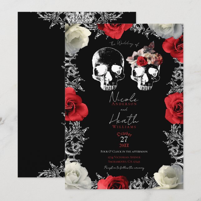 Invitación Calavera Esqueleto Rosas Rojas Blancas Boda Gótica (Anverso / Reverso)