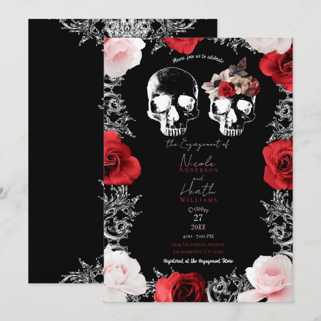 Invitación Calavera Esqueleto Rosas Rojas Rosas Rosadas Compr (Anverso / Reverso)