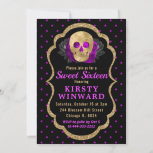 Invitación Calavera Floral de lunares de Halloween Dulces 16