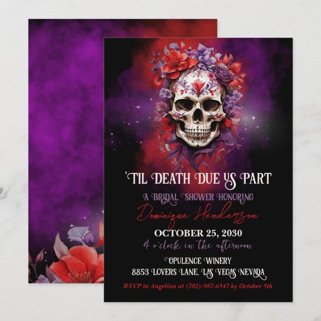 Invitación Calavera floral gótica Halloween Bridal Shower (Anverso / Reverso)
