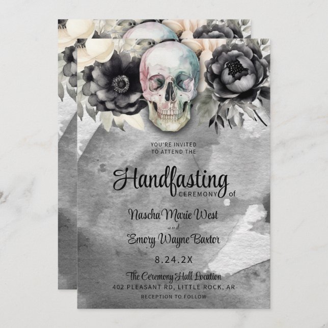 Invitación Calavera floral gótica y ayuno peónico (Anverso / Reverso)
