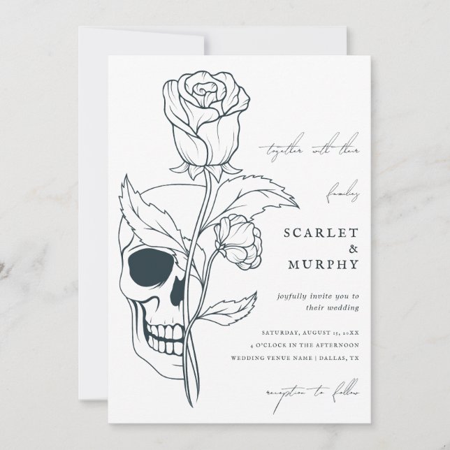 Invitación Calavera floral gótica y Boda de Monograma Hallowe (Anverso)