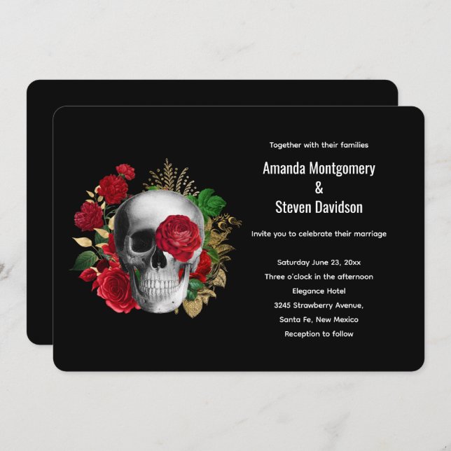 Invitación Calavera floral roja y hojas de oro de gótico (Anverso / Reverso)