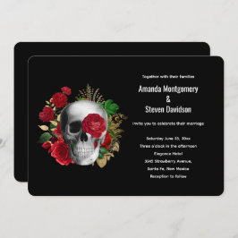 Invitación Calavera floral roja y hojas de oro de gótico
