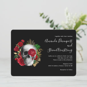 Invitación Calavera floral roja y hojas de oro de gótico