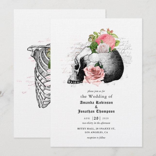 Invitación Calavera Floral Rosa Bodas Góticas de Halloween (Anverso / Reverso)