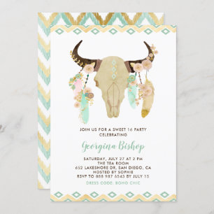 Invitación Calavera floral tribal y plumas dulces dieciséis
