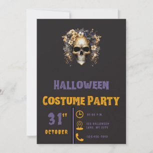 Invitación Calavera Flores Blancas y Azules Halloween Negro M