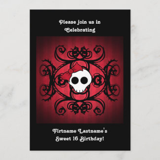 Invitación Calavera gótica aguda en rojo y negro 5x7 dulce 16