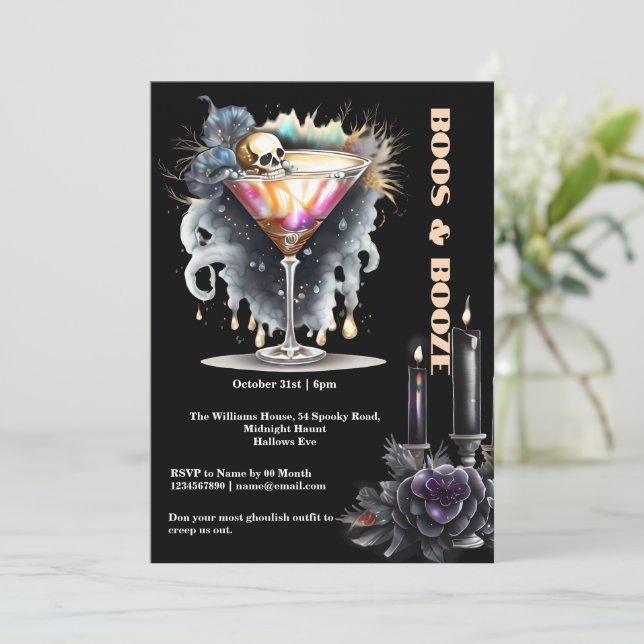 Invitación Calavera gótica cóctel martini happy hour Hallowee (Anverso de pie)