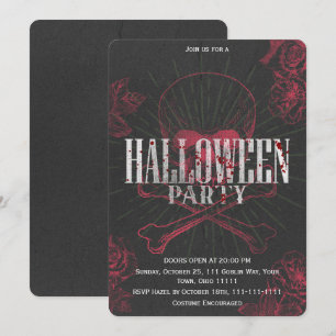 Invitación Calavera gótica Cruz de huesos Rosa roja Halloween