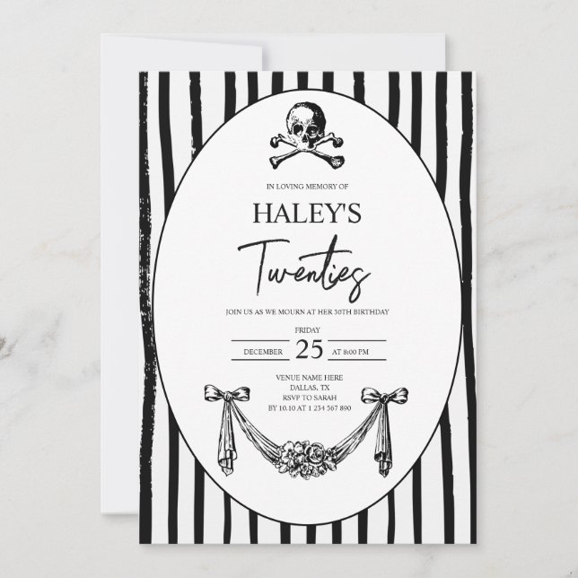 Invitación Calavera Gótica Muerte a mis 20 Funeral Cumpleaños (Anverso)