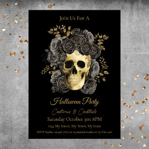 Invitación Calavera Gótica Rosas Negras y Doradas Fiesta de H