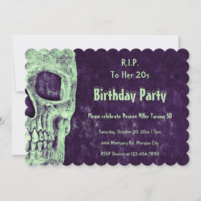 Invitación Calavera gótica verde y morado Cumpleaños RIP a su (Anverso)