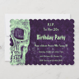 Invitación Calavera gótica verde y morado Cumpleaños RIP a su
