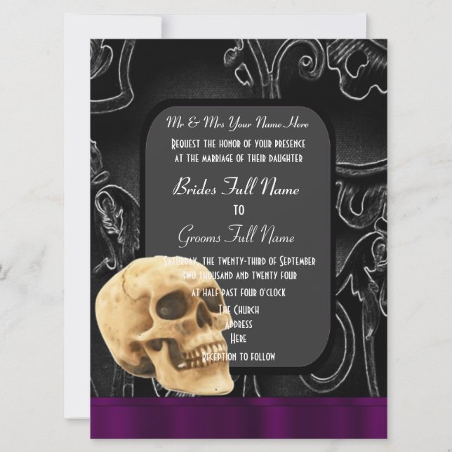 Invitación Calavera gótica y boda de damasco negro (Anverso)