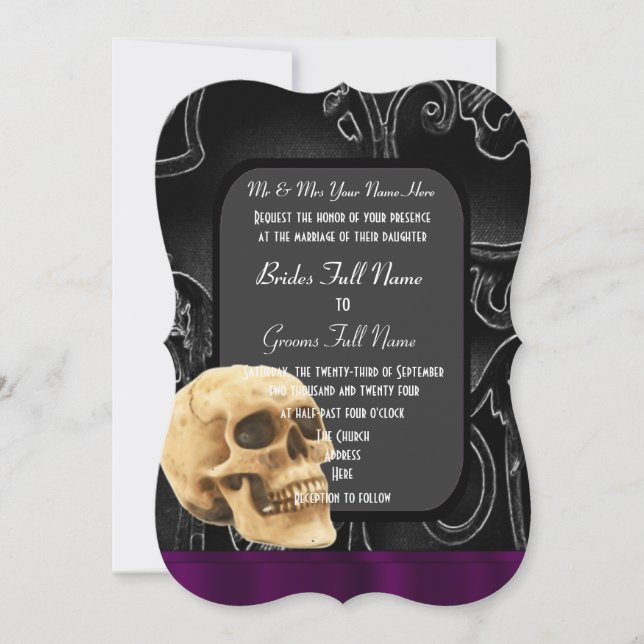 Invitación Calavera gótica y boda negro (Anverso)