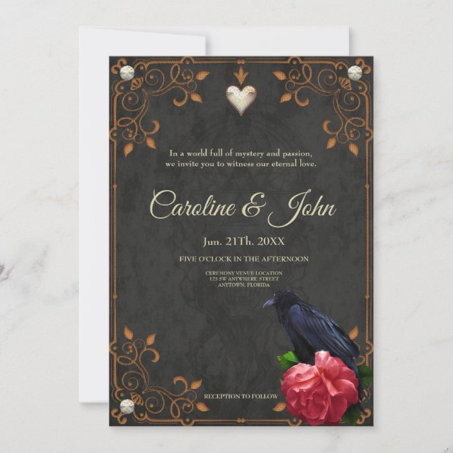 Invitación Calavera gótica y Raven. (Anverso)