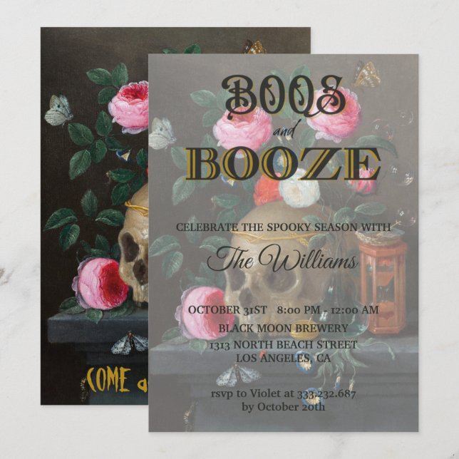 Invitación Calavera gótica y Rosas Halloween para adultos (Anverso / Reverso)