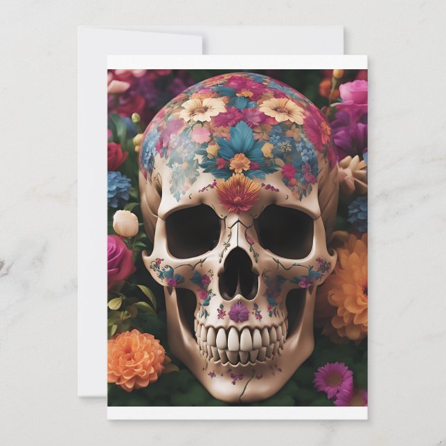 Invitación Calavera Metálica con Flores del Día de Muertos (Anverso)