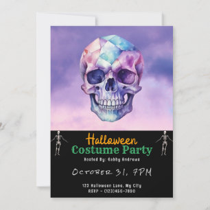 Invitación Calavera morada y azul y nubes Halloween negro