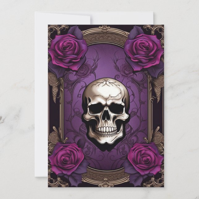 Invitación Calavera morada y Rosas Boda de elegancia gótica (Anverso)
