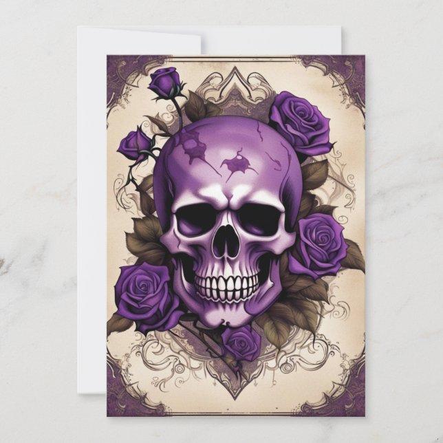 Invitación Calavera morada y Rosas Boda de elegancia gótica (Anverso)