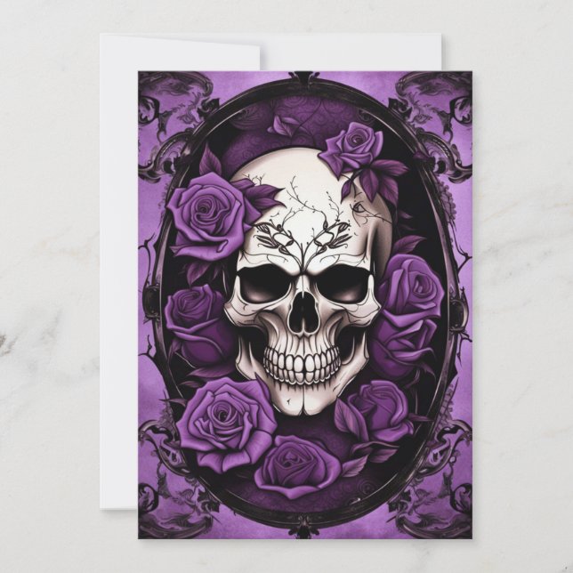 Invitación Calavera morada y Rosas Boda de elegancia gótica (Anverso)