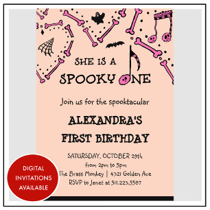 Invitación Calavera Naranja Rosa Spooky Halloween 1 cumpleaño