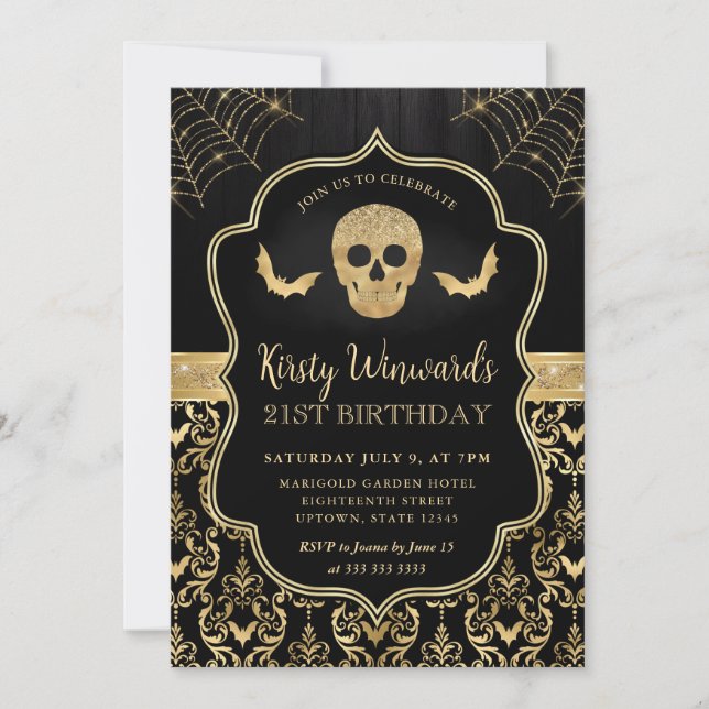 Invitación Calavera negra y dorada y Damasco de murciélagos 2 (Anverso)