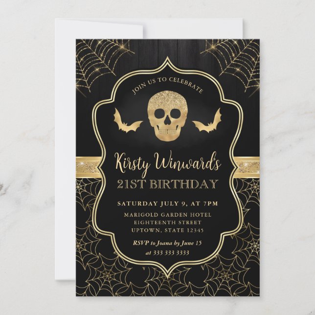 Invitación Calavera negra y dorada y telarañas Cumpleaños 21 (Anverso)